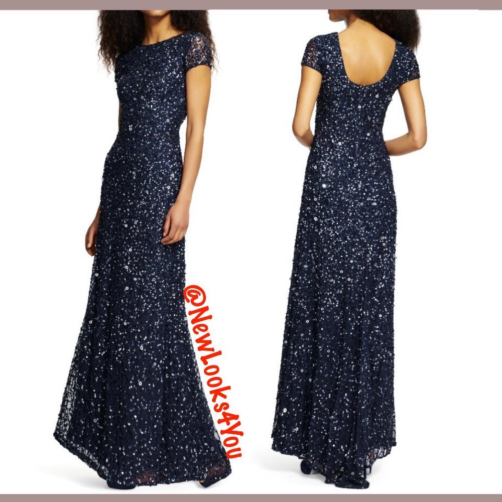 NEW! Adrianna Papell Scoop Back Sequin Mesh Gown in Navy Gunmetal [SZ 6‎ ]